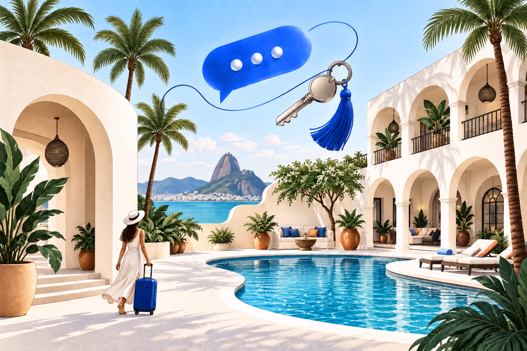Ilustração de uma hospedagem com piscina, uma hóspede chegando e símbolos de conversa e reserva